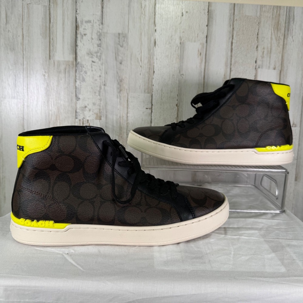 Coach Sneaker Mens 10.5 Brown Signature Monogram High Top CL481 Neon Accents